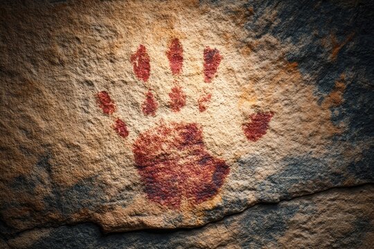 A reddish-brown handprint, seemingly ancient, is imprinted on a rough, textured stone surface. The print is slightly faded, suggesting age. Subtle lighting highlights its detail