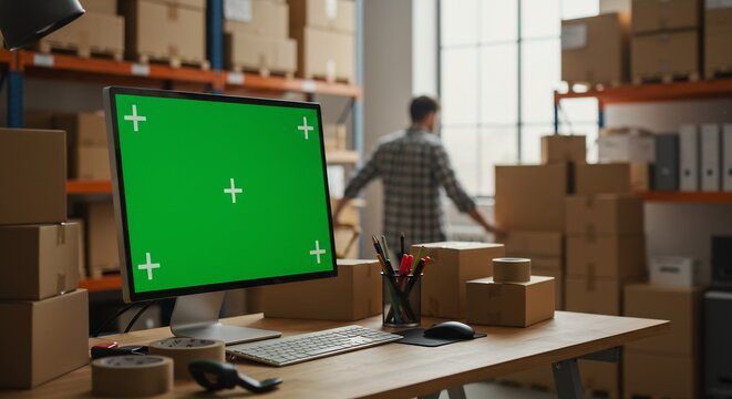 Green Screen Computer in a Small Warehouse Setting with a Man Blurred in the Background, Showing Online Business Operation - Powered by Adobe