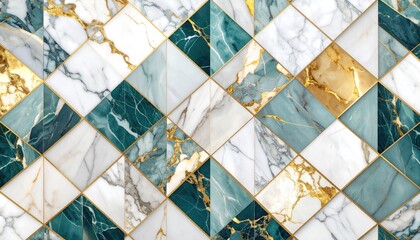 Elegant Geometric Marble Tile Texture in White Green and Gold Tones with Golden Outlines