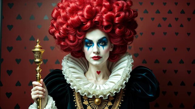 Queen of Hearts from Alice in Wonderland with dramatic red curly hair, white face paint and royal costume holding golden scepter. Classic fairy tale villain character with ornate makeup.