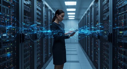 Woman Data Scientist Working in Modern Server Room, Analyzing Data Streams on Tablet Computer, Digital Transformation, Network Technology