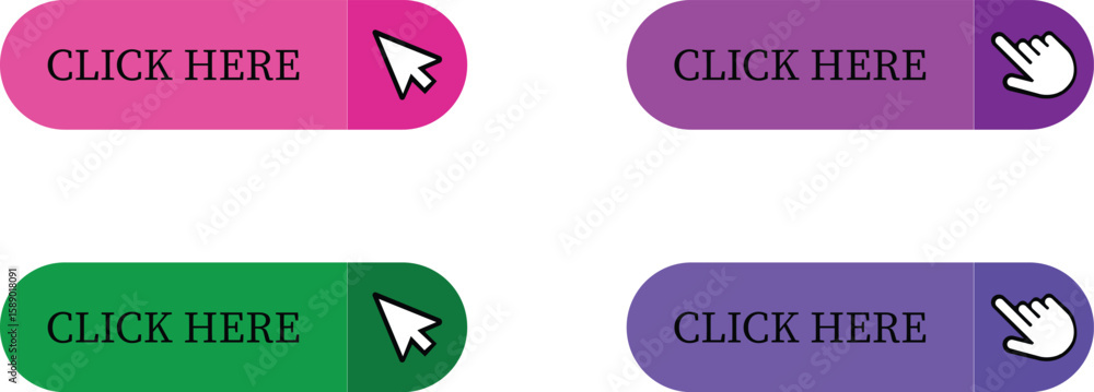 Fototapete Click Here Button Icon set.Pointer Click button. Modern action button mouse click symbol. Computer mouse click cursor or Hand pointer symbol. Cursor arrow icon. Clicking finger. Vector illustration.