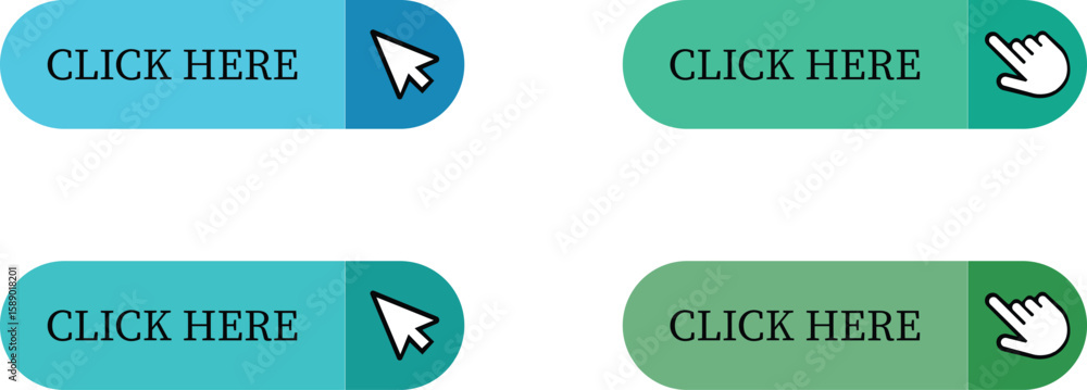 Fototapete Click Here Button Icon set.Pointer Click button. Modern action button mouse click symbol. Computer mouse click cursor or Hand pointer symbol. Cursor arrow icon. Clicking finger. Vector illustration.