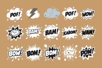 A collection of comic book style sound effect words like pof wow bam kabom wam bow and pow