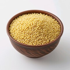 bowl full millet seed, white background