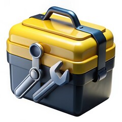 Yellow and gray toolbox with wrenches isolated on white background