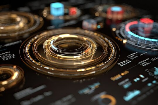 Futuristic Interface Display with Golden Rings and Data Visualization for Advanced Technology and Information Processing in Cyberpunk Style