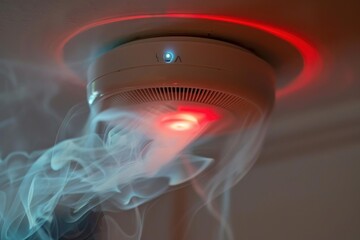 Smoke is triggering a smoke detector fixed on a ceiling, activating the alarm system and the red light