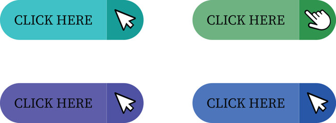 Click Here Button Icon set.Pointer Click button. Modern action button mouse click symbol. Computer mouse click cursor or Hand pointer symbol. Cursor arrow icon. Clicking finger. Vector illustration.