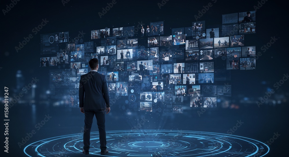 Poster businessman viewing a network of digital screens displaying diverse business activities and data ana