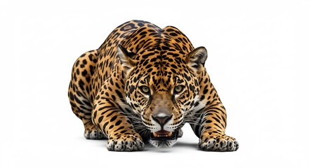 Obraz premium Kraftvoller Jaguar lauert auf weissem Hintergrund intensives Licht betont Fellmuster. AI Generated