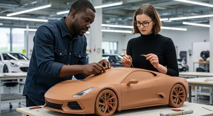 Two Automotive Designers Collaboratively Sculpting a Clay Model of a Sports Car in a Modern Design Studio