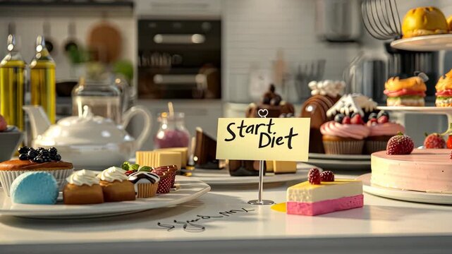An array of delightful desserts displayed on a kitchen counter inviting viewers to indulge while considering their diet choices