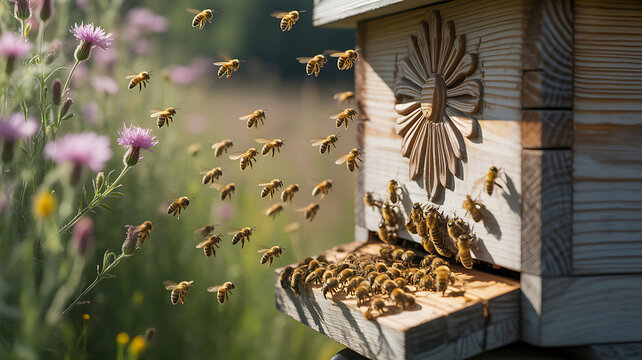 A swarm of bees flies around a wooden beehive entrance, with several bees entering and exiting, against a soft, natural background.