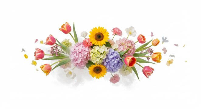 Fr&uuml;hlingsblumen leuchten hell farbenfroh vor weissem Hintergrund. AI Generated