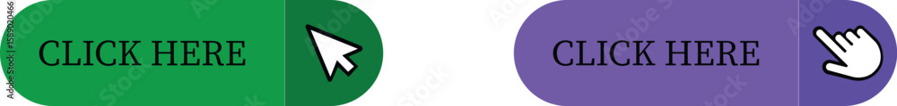 Poster click here button icon set.pointer click button. modern action button mouse click symbol. computer m