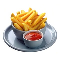 Golden french fries with ketchup in a bowl isolated on white background