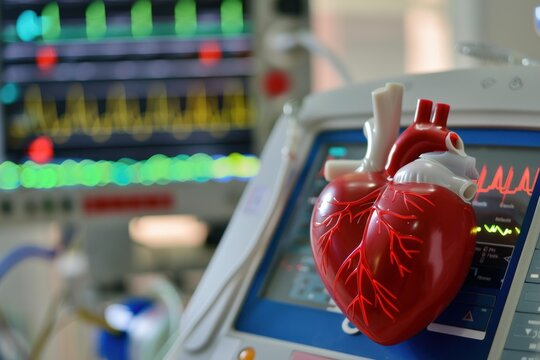 Plastic anatomical heart model placed on a vital signs monitor showing heart rate and other data in a hospital operating room - Powered by Adobe
