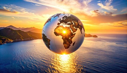 Metallic Globe Floating Above Water at Sunset with Orange Hues and Reflective Sunlight