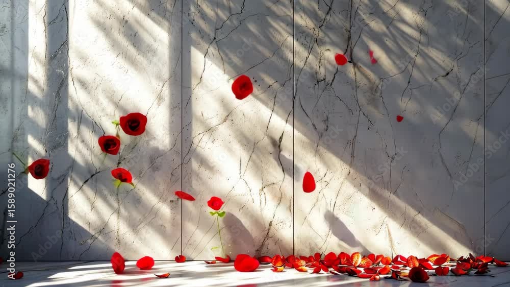 Poster sunlight filters through creating patterns on a marble wall scattered with red petals, adding a touc