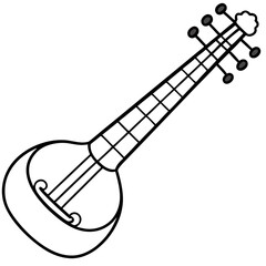 Detailed line art illustration of a sitar with strings and tuning pegs isolated on white background
