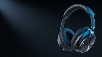 sleek black over-ear headphones with blue accents on dark background for audio equipment branding and music technology