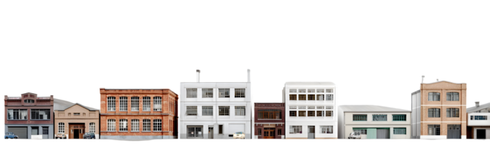 Panoramic view of diverse architectural styles in an urban setting with clear blue sky and street