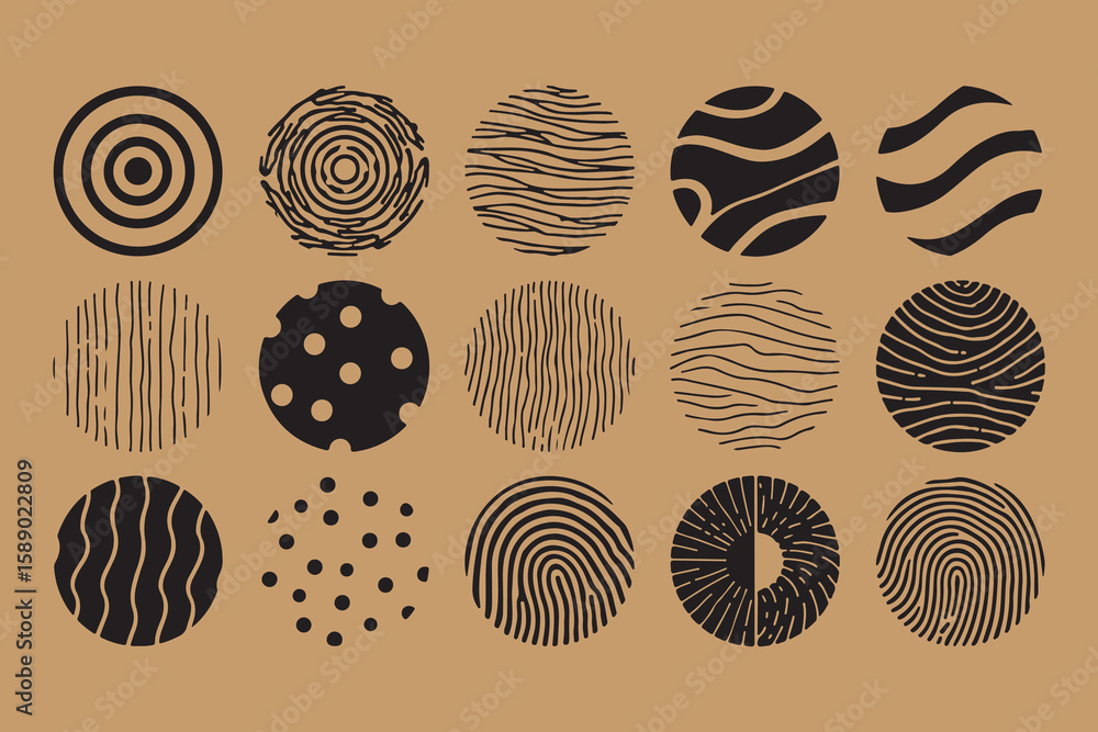 Poster collection of fifteen circular abstract patterns and textures in black on a light brown background