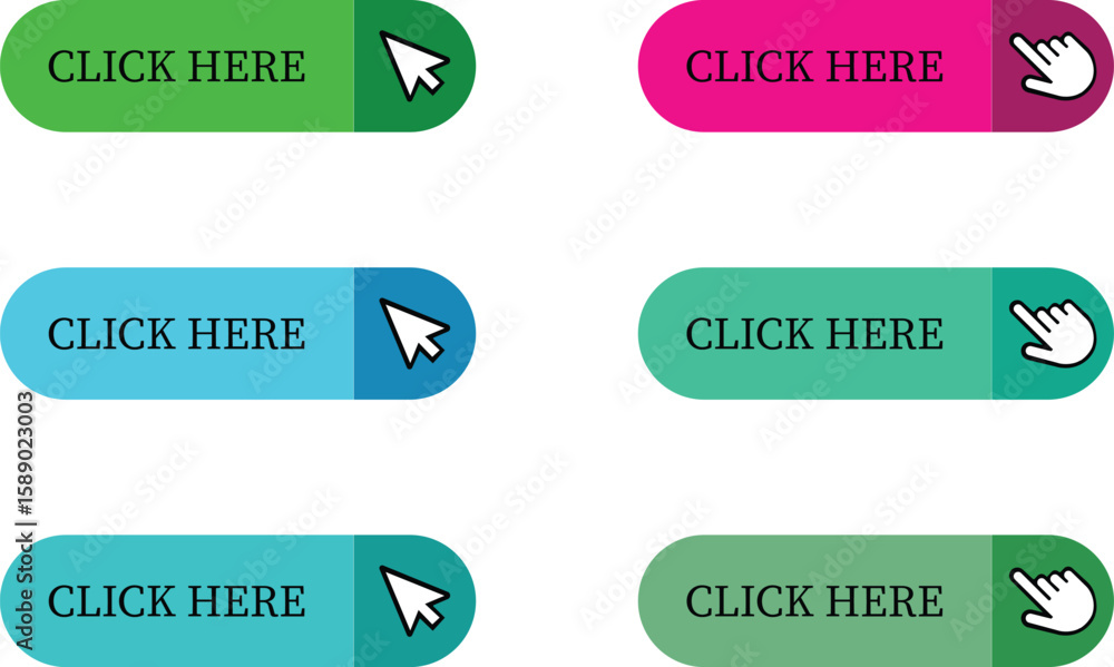 Poster click here button icon set.pointer click button. modern action button mouse click symbol. computer m