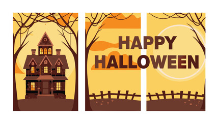 Fototapeta premium Three halloween themed panels featuring a haunted house, happy halloween text, and a fence scene with moon