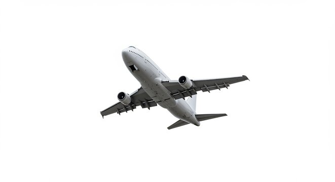 Flugzeug steigt kraftvoll auf weissem Hintergrund auf. AI Generated
