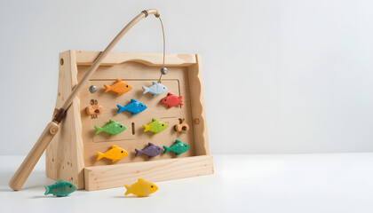 Wooden fishing toy set with colorful fish pieces and magnetic fishing rod on white background.