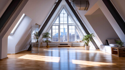 Triangular light beams in a contemporary loft space with polished floorboards