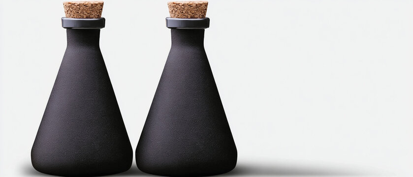 Two black potion bottles with cork stoppers standing on a white surface studio shot - Powered by Adobe