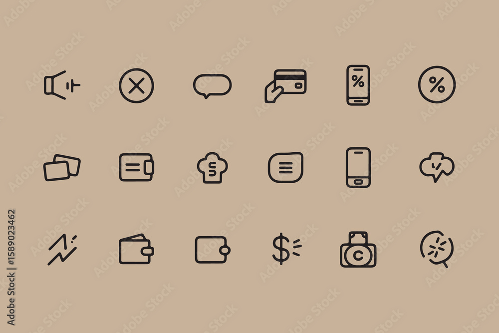 Poster collection of minimalist outline icons representing various financial and communication concepts on 