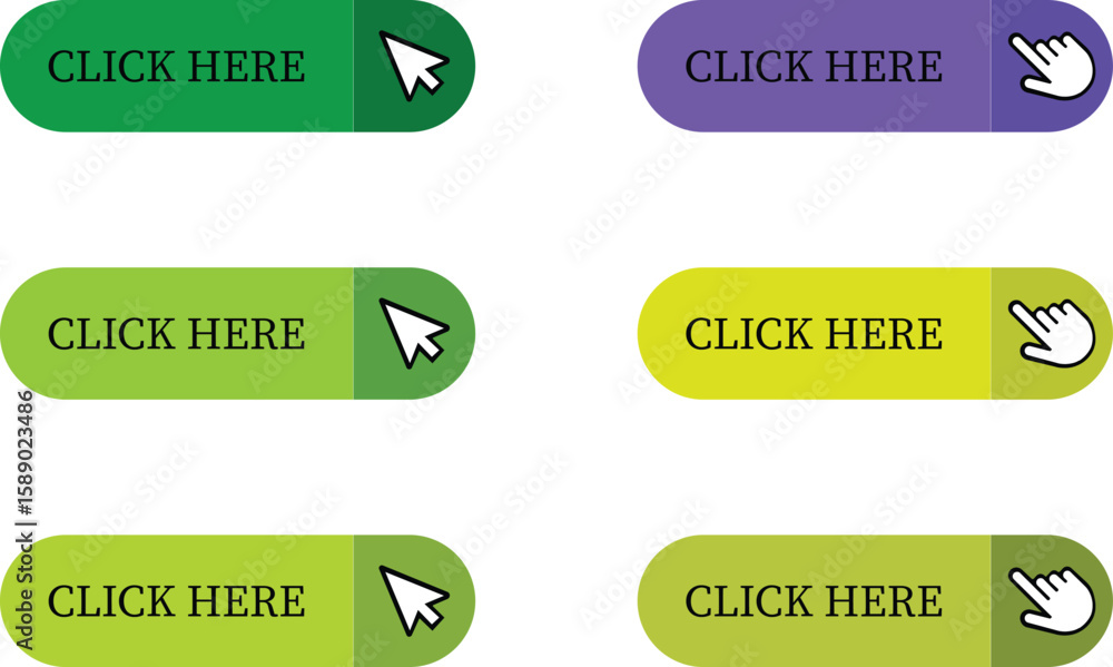 Fototapete Click Here Button Icon set.Pointer Click button. Modern action button mouse click symbol. Computer mouse click cursor or Hand pointer symbol. Cursor arrow icon. Clicking finger. Vector illustration.