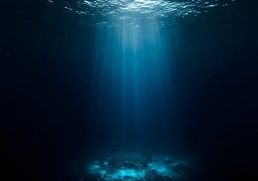 Deep Ocean Sunlight Beams, Underwater Dark Blue Seascape Background, Sun Rays, Marine Life, Sea Texture