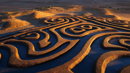 Tribal symbol inspired maze structure on arid terrain