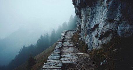 Stone Stairway Ascending Lush Green Hill in Fog natural background