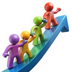 Colorful figures helping each other climb up a blue arrow isolated on white background