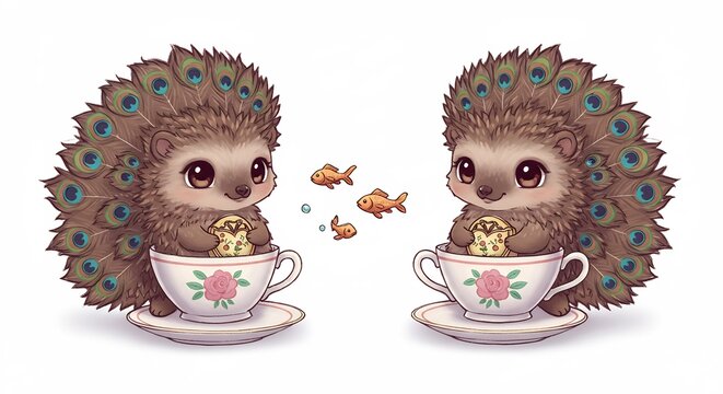 Deux h&eacute;rissons paons adorables sirotent th&eacute; lumi&egrave;re douce style kawaii. AI Generated