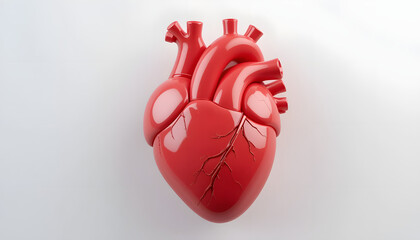 3D illustration of a human heart with veins and arteries in bright red color.