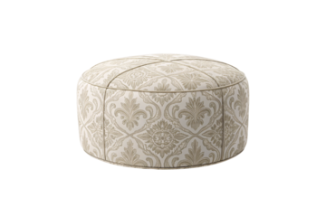 Ornate round ottoman with beige damask pattern and decorative fabric upholstery design, isolated on a transparent background