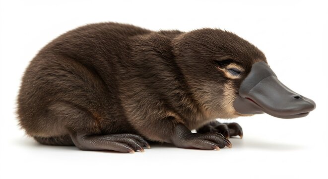 Petit ornithorynque mignon repose paisiblement lumiere douce fond blanc. AI Generated