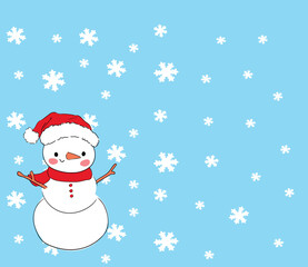 Cute Snowman on Blue Snowflake Background Greeting Card Vector