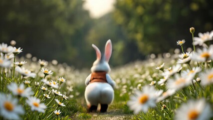 White Rabbit from Alice in Wonderland holding pocket watch in daisy field. Fantasy fairy tale character with red bow tie and waistcoat surrounded by flowers in magical garden setting. - Powered by Adobe