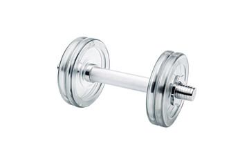Obraz premium Adjustable chrome dumbbell with clear glass plates and metal threading system, isolated on a transparent background