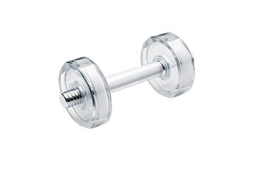 Clear glass dumbbell with chrome handle and adjustable weight plates, isolated on a transparent background