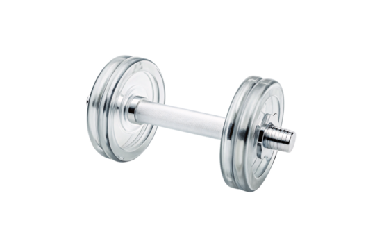 Adjustable chrome dumbbell with clear glass plates and metal threading system, isolated on a transparent background