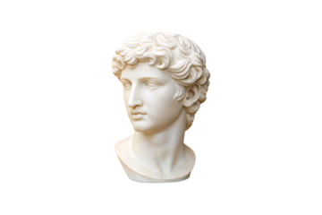 Classical marble bust with wavy hair, Roman-style sculpture of young person, isolated on a transparent background